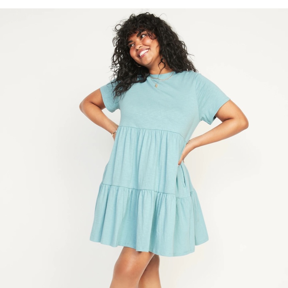 Short-Sleeve Tiered Slub-Knit Mini Swing Dress for Women